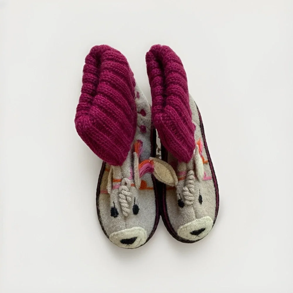 Garnet Hill Kids Wool Alpaca Animal Slippers Girls Size 13 Purple Pink